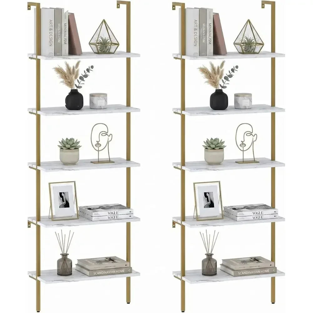 Home Office Bookshelves - 5-Tier White Marble Wall-Mounted Wood Rack